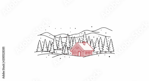 A cozy cabin nestled in a snowy forest with rolling hills in the background