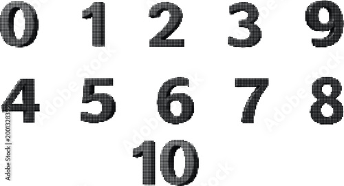 Halftone number set from zero to ten in bold black typography style with 3d effect on transparent grey background.