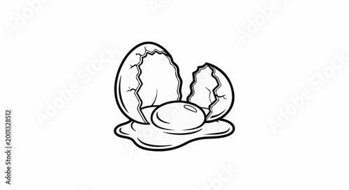 A cracked egg with its yolk spilling out onto a white background