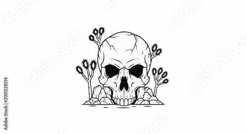 A cracked skull emerges from rocky ground, flanked by spiky desert flora