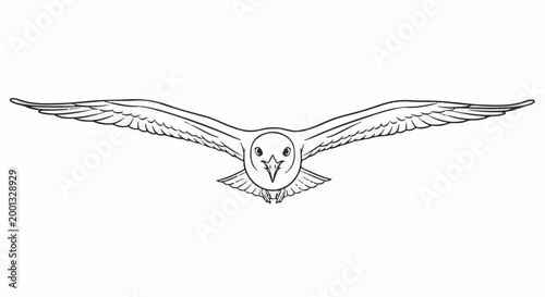 A black and white line drawing of an owl in flight, wings outstretched