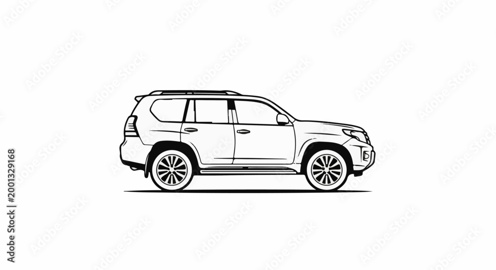 Fototapeta premium A simple black and white line drawing of a four-door SUV from the side
