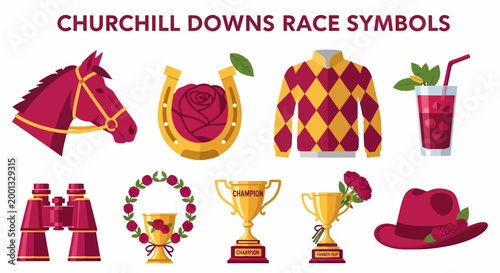 A collection of flat horse racing icons including a horse head rose horseshoe trophies jockey silks and a wide hat