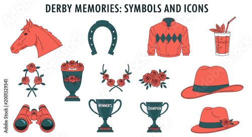 A collection of twelve illustrated icons depicting themes related to horse racing including trophies roses horse gear and attire