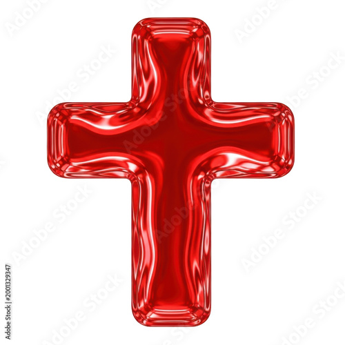 3D Glossy Red Cross Balloon Icon Isolated on White Background - Religious or Medical Symbol