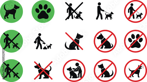 Dog rules icons set with allowed and prohibited signs pet walking training and restrictions vector illustration isolated on light background