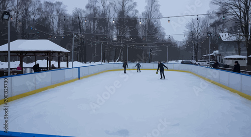 Outdoor ice skating rink with people skating in a park-like setting on a cloudy day with trees and a gazebo in the background.
