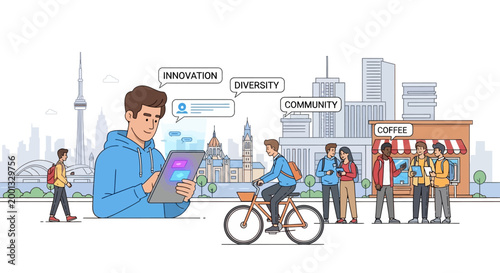 Illustration of a man on a tablet with a cyclist and people in a cityscape background with innovation, diversity, and community speech bubbles.