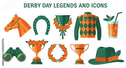 Quadro su tela Flat vector illustration of horse racing icons including a horse head trophies j