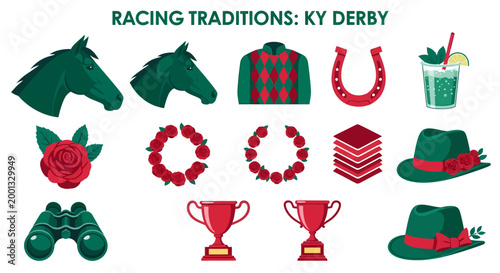 Icons of Kentucky Derby racing traditions like horses hats trophies roses and cocktails on a white background
