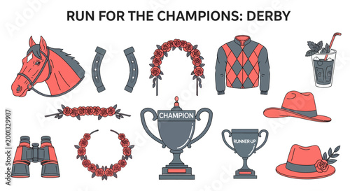 Icons of horse racing culture including a horse head trophies betting gear floral garlands jockey apparel and derby hats