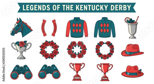 Kentucky Derby illustration set featuring horse trophies rose wreaths jockey silks and mint julep icons