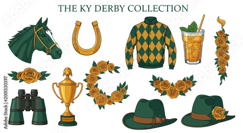 Kentucky Derby themed illustrations featuring a horse jockey silks gold trophy mint julep and rose garlands