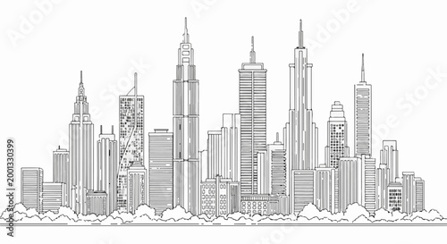 A black and white sketch of a bustling cityscape with diverse architectural structures