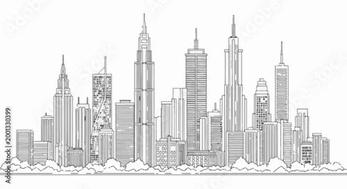 Obraz A black and white sketch of a bustling cityscape with diverse architectural structures