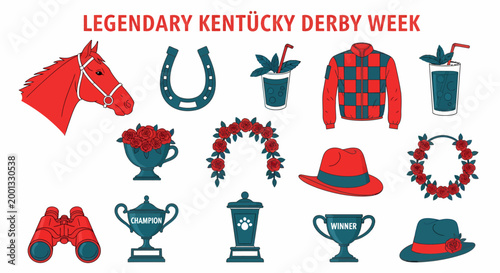 Kentucky Derby vector icons featuring a red horse jockey jacket floral garlands and championship trophies