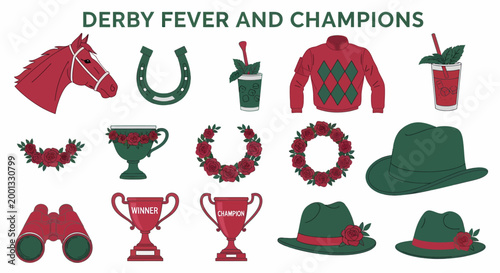 Red and green derbythemed illustrations featuring a horse head trophies floral wreaths and fashion accessories