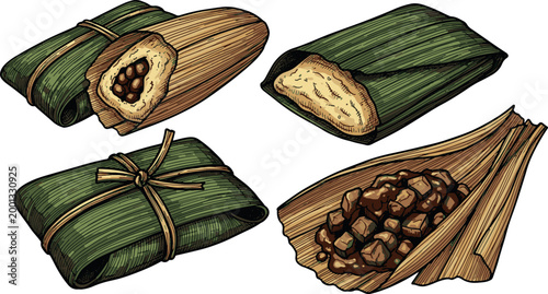 Detailed hand-drawn vintage illustrations of tamales and hallacas wrapped in corn husks and banana leaves with bean and meat fillings.
