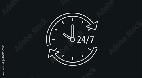 Minimalist white line art icon of a clock with circular arrows and 24/7 text, symbolizing round-the-clock business support and reliability on a dark background.