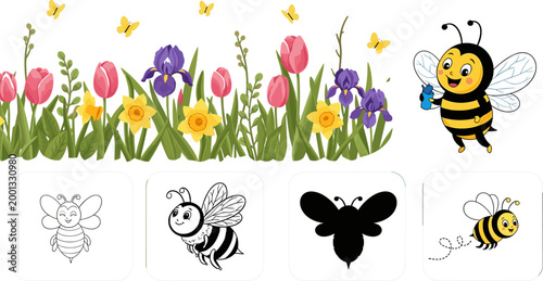 Cute cartoon honeybee with spring flower garden featuring tulips, iris, daffodils and butterflies flying in nature