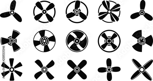 Fan propeller silhouette set with different blade designs ventilation and cooling equipment icons black vector illustration isolated on light background