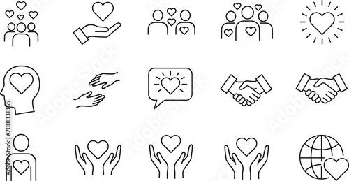 Social Care and Charity Line Icon Set with Helping Hands, Love, Support, Donation and Community Symbols for Nonprofit Design and Minimal Vector Collection