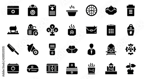 Black solid silhouette icons arranged in four rows of nine against a white background