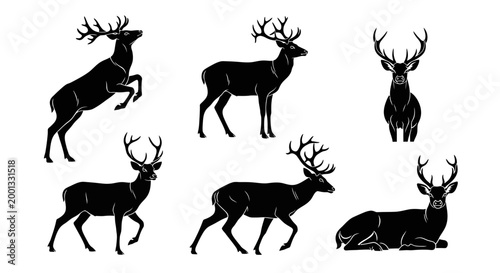 Set of Black Silhouette Deer Icons in Various Poses