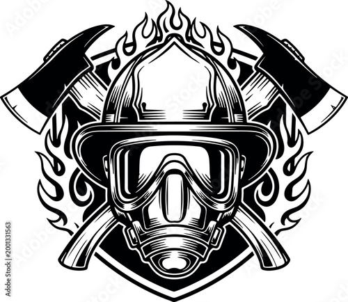 A powerful black and white vector illustration of a firefighter helmet, gas mask, and crossed axes set against a flaming shield backdrop.