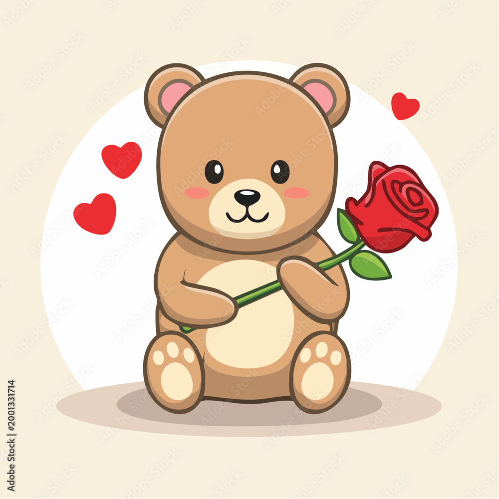 Fototapeta premium Cute Teddy Bear Holding a Red Rose with Hearts