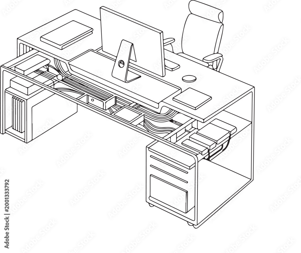 Fototapeta premium Modern executive desk with computer and chair blueprint