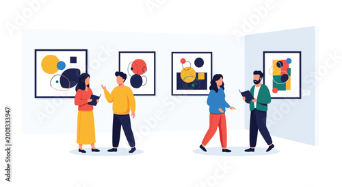 Diverse groups of people are visiting an art gallery to view and discuss modern abstract paintings displayed on white walls.