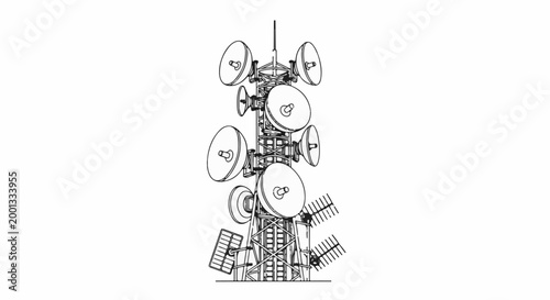 A detailed sketch of a tall telecommunications tower with multiple antennas