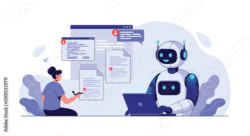 Human professional works alongside a friendly white robot on computer screens showing data and documents in a modern office.