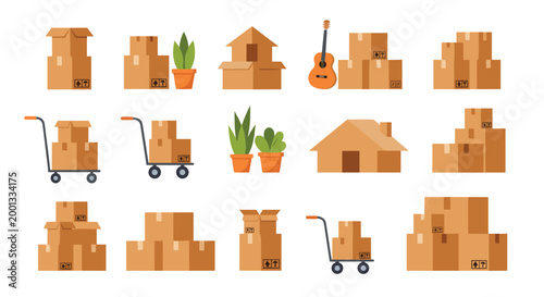 Various cardboard boxes, potted plants, a guitar, and hand trucks are shown as icons for home moving or delivery services.