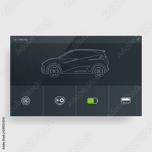 Modern car features interface dashboard with electric vehicle icons