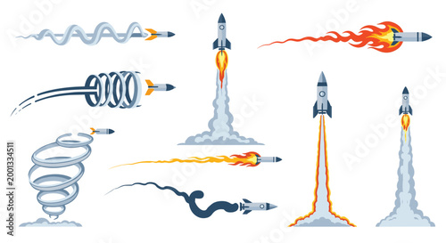 Collection of various rockets and missiles are shown in flight with different smoke trails, fire, and motion effects.
