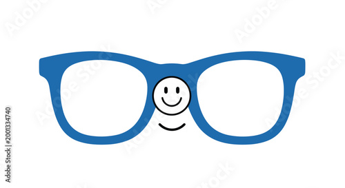 Pair of blue eyeglasses frames is shown with a small smiley face icon sitting on the nose bridge on a white background.