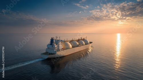 Large liquefied natural gas tanker with spherical tanks sailing on calm ocean water under a beautiful golden sunset sky, global energy transport concept.