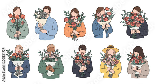 Collection of diverse people holding large bouquets of colorful roses and flowers represents celebration, romance, and thoughtful gifts.