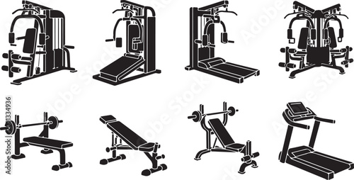 Gym equipment, fitness machines, workout gear, exercise illustrations, vector icons