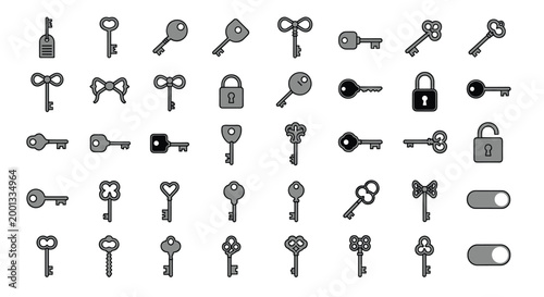 Large assortment of key and padlock icons in various styles serves as a graphic resource for security, access control, and privacy themes.