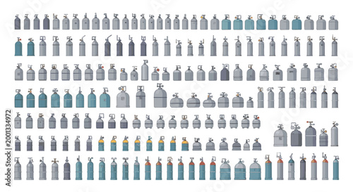 Extensive grid of various industrial gas cylinders and oxygen tanks in different sizes and shades of blue used for medical or fuel storage.