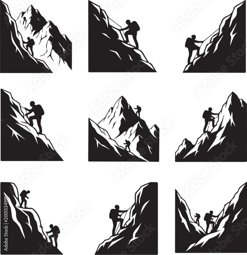 Mountain climber silhouettes, adventure icons, black and white graphics, climbing illustrations, vector set