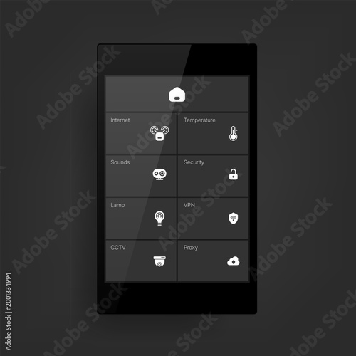 Smart home control mobile interface with IoT dashboard icons