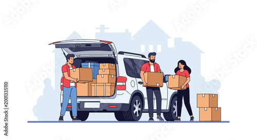 Group of people works together to load cardboard boxes into the trunk of a white suv car for a residential move or delivery service.