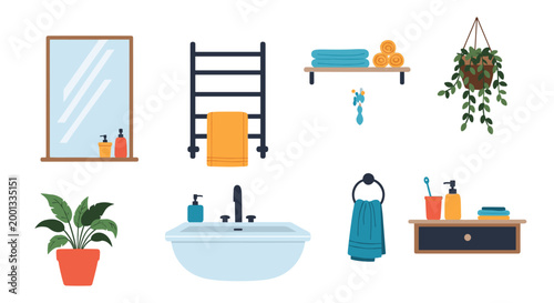 Collection of bathroom interior elements including a sink, mirror, towel rack, and potted plants for modern home decor planning.