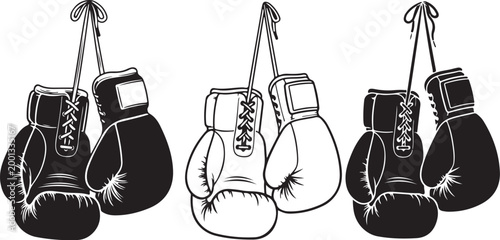 Boxing gloves, hanging boxing gloves, black and white illustration, sports icons, vector graphics