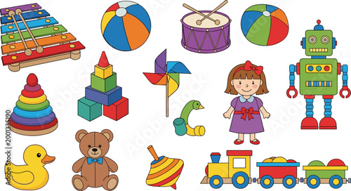 Colorful Toy Set with Musical Instruments, Building Blocks, and Fun Characters for Children’s Playroom and Early Learning Activities