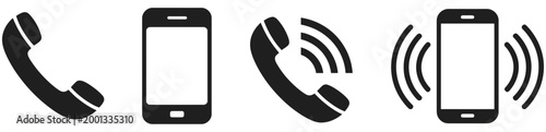 Ringing phone icon set vector illustration, incoming call alert symbols, vibrating handset and notification bell concepts